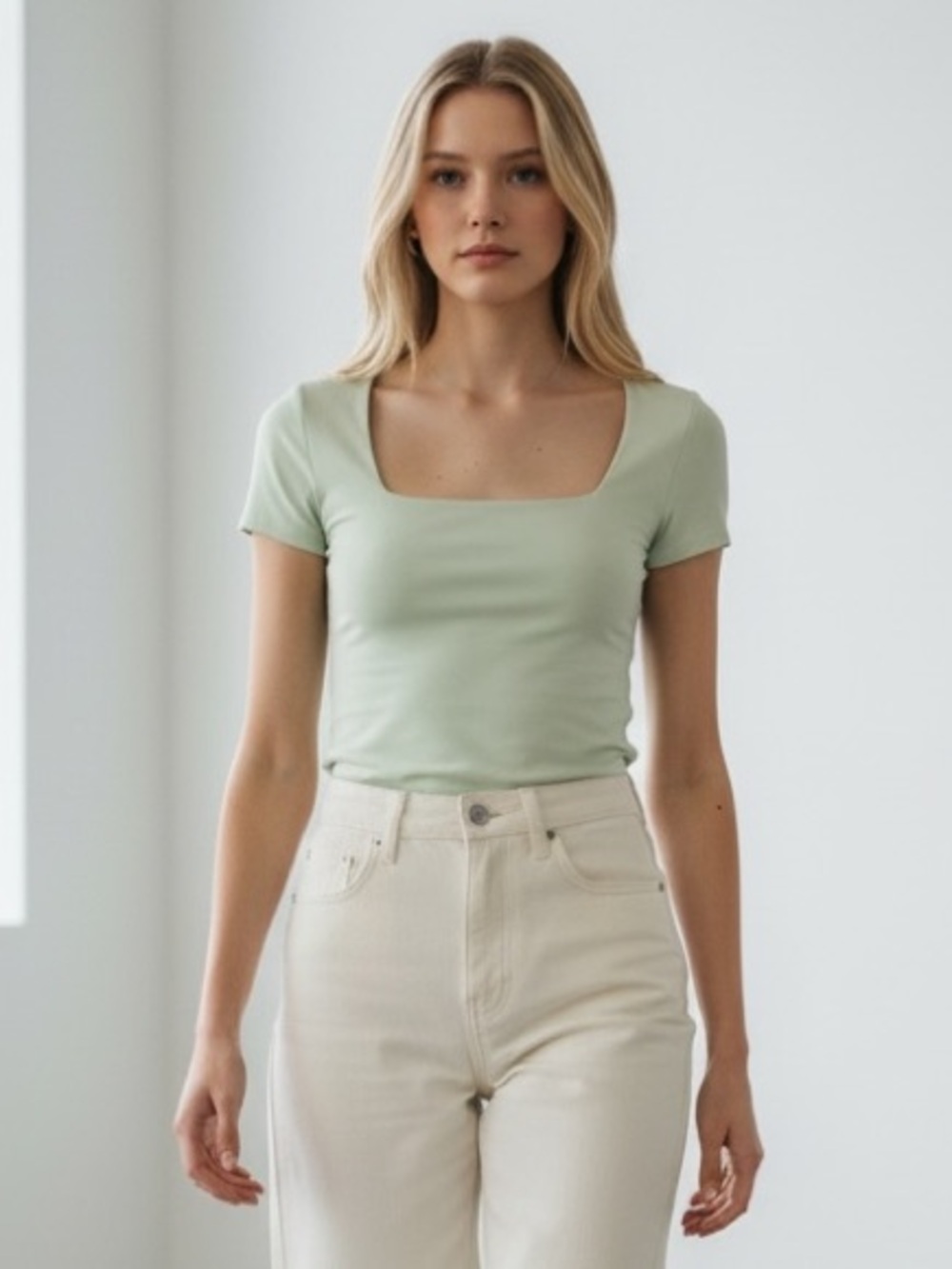 1430 • Sea Foam Green Rounded Square Neck Double Layer Short Sleeve Stretch Top